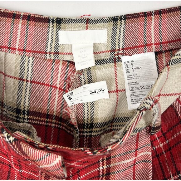 NEW H&M Red Tarttan Plaid Pleated Pants Tapered Leg Holiday Size 8 Women's - Picture 4 of 4